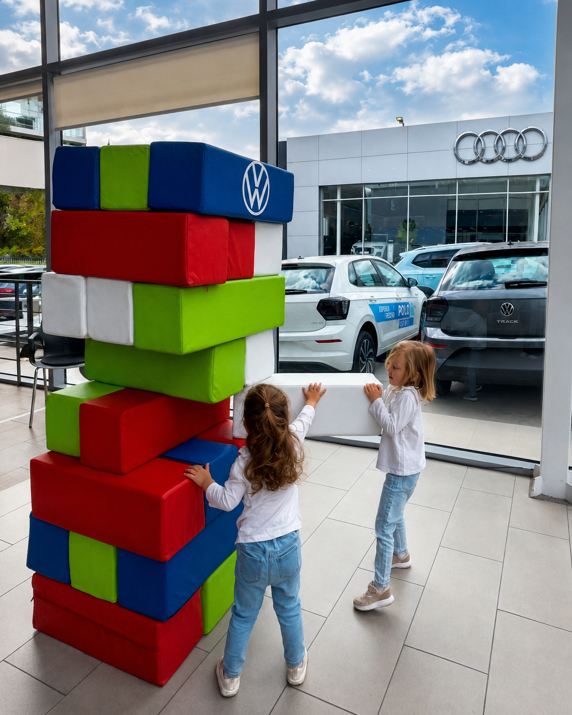 Actividad infantil con juego Jenga gigante en concesionario automotriz